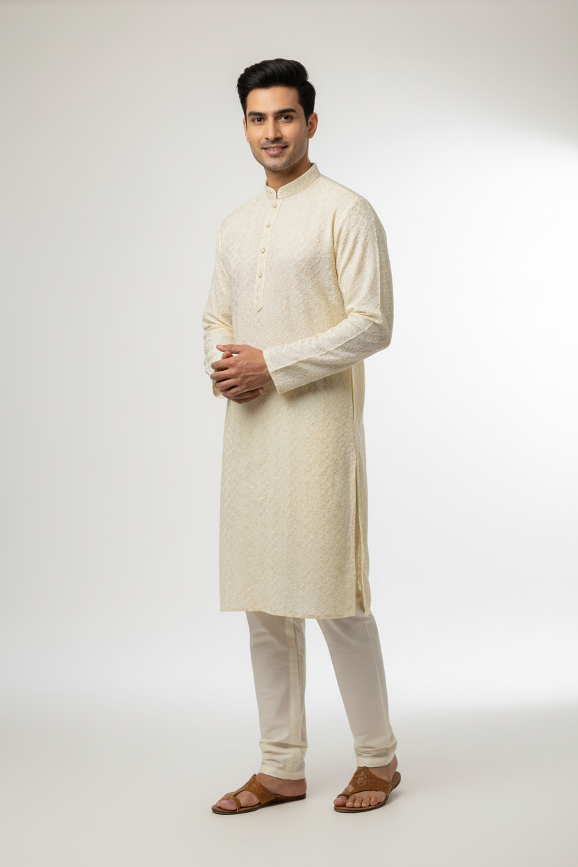 Half White Rayon Chikankari Men’s wear Kurta set
