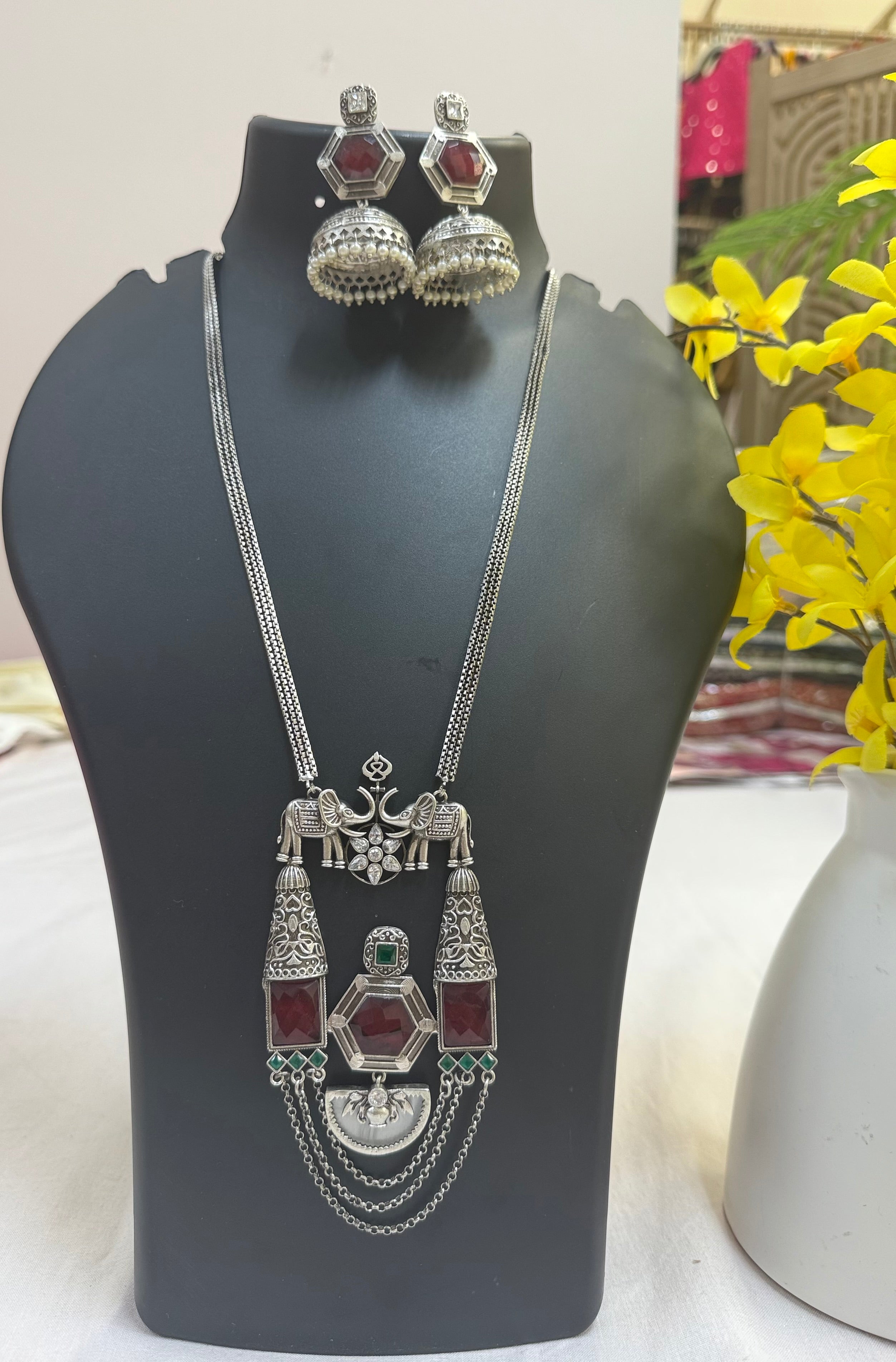 German Silver Long Necklace Chain with Multicolor Stone Pendant