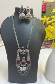 German Silver Long Necklace Chain with Multicolor Stone Pendant