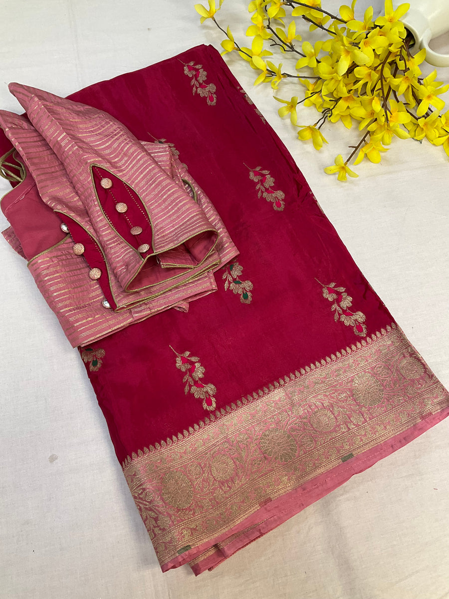 Pink Benarasi Silk saree with stitched Blouse