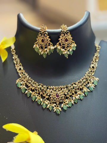 Gold Finish AD Necklace Set with Monalisa Beads