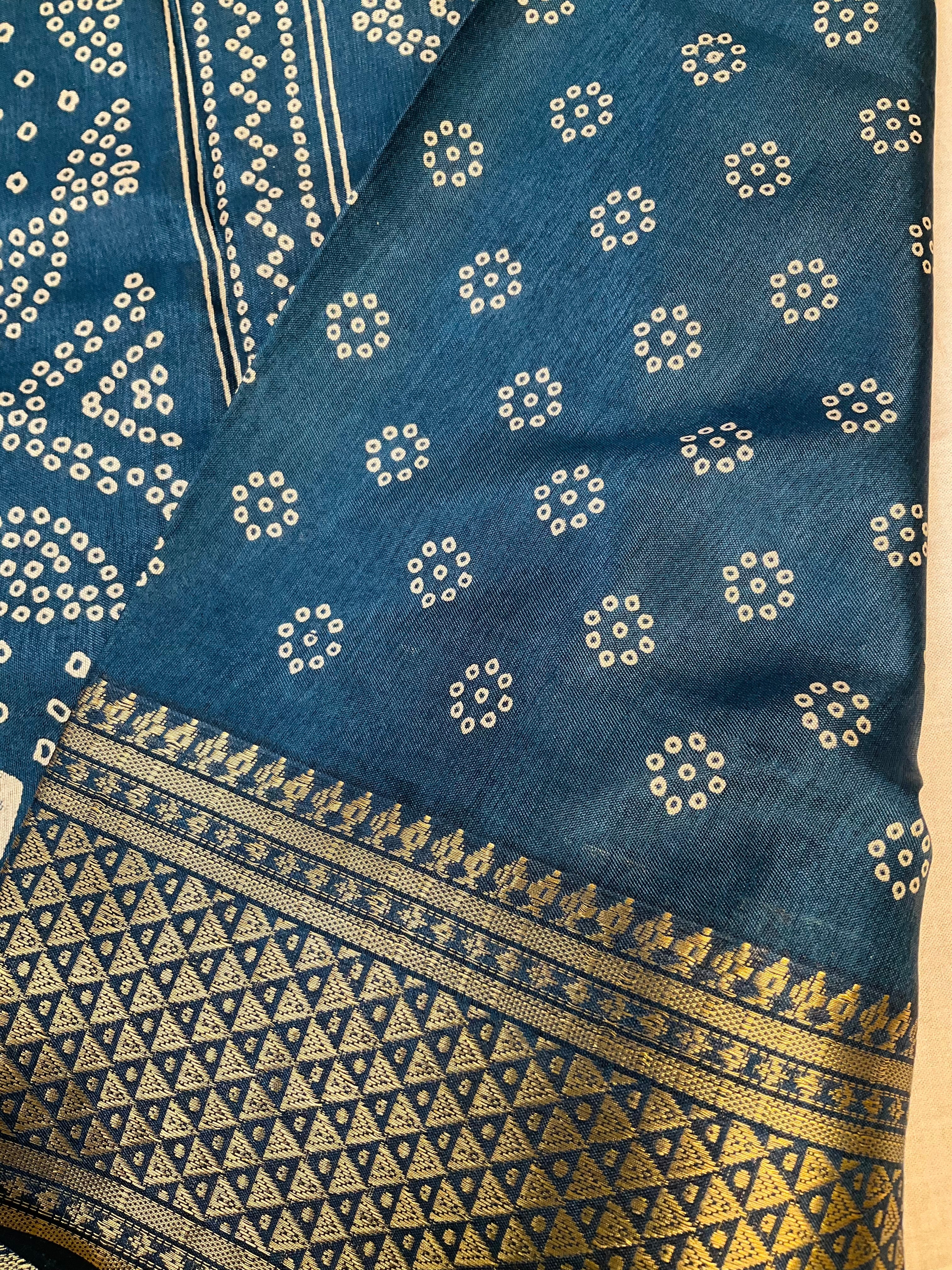 Traditional Look - Teal Blue Crape Silk Saree