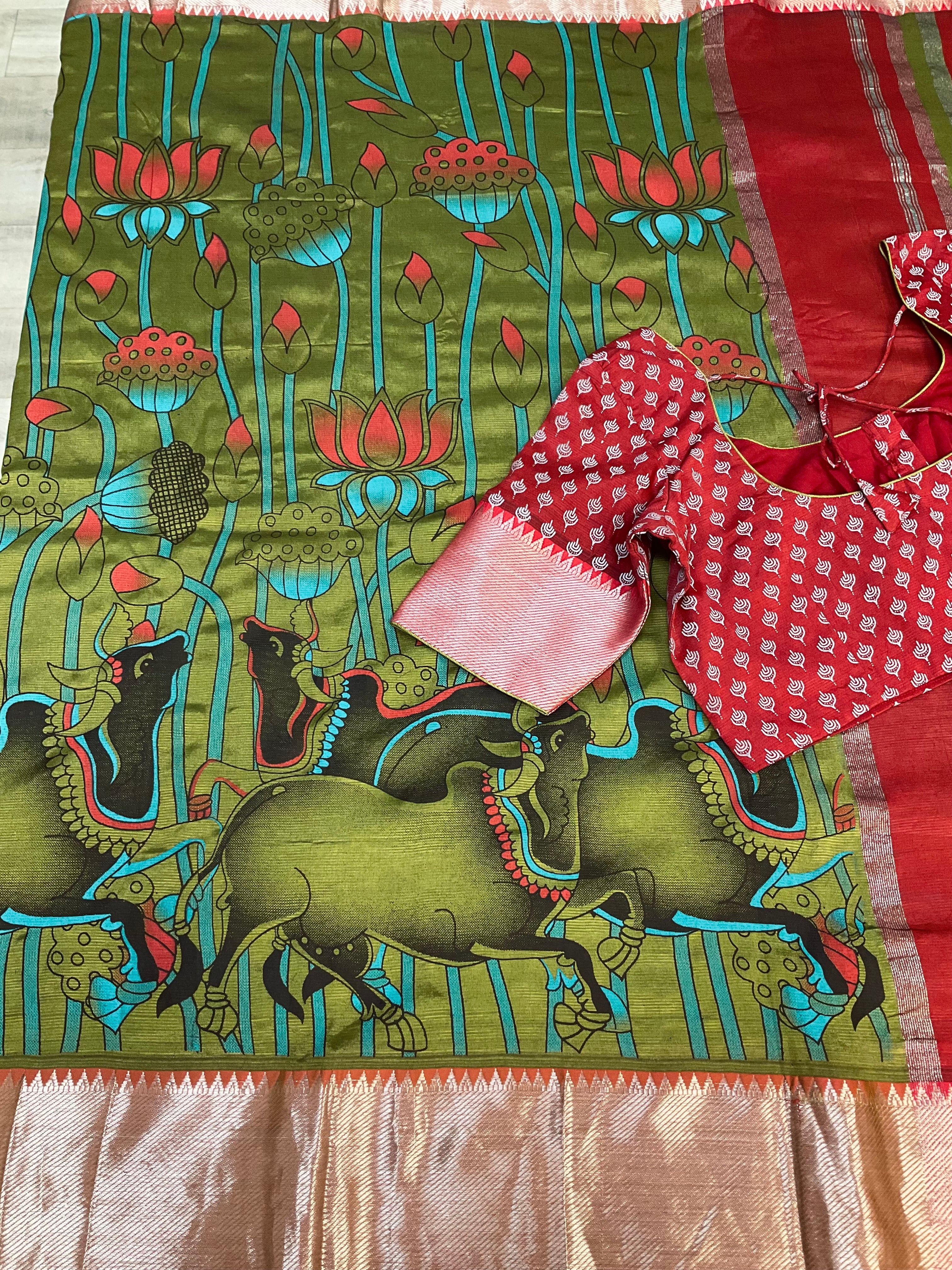 Green- Digital Print Mangalagiri Silk Saree