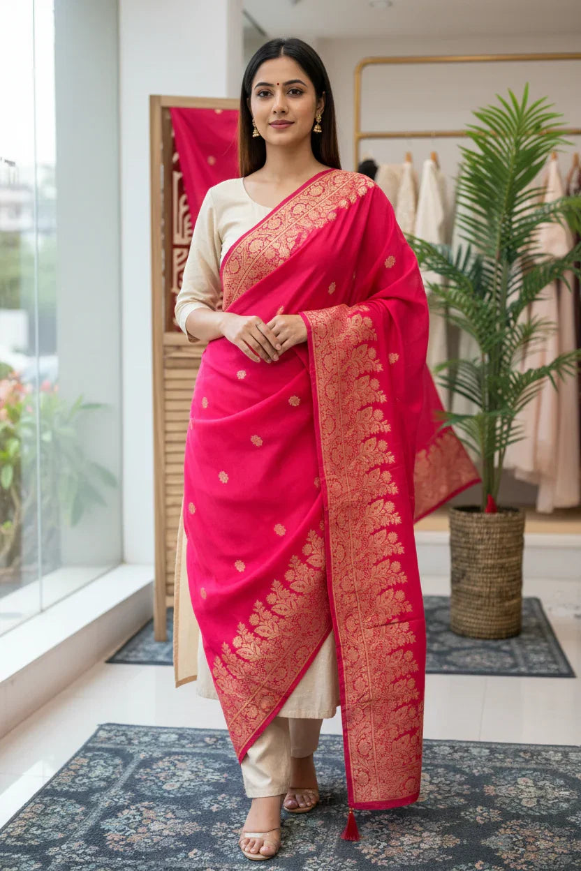 Woman in beige ethnic wear draped with a vibrant pink saree featuring intricate gold embroidery at Anandi Fashions