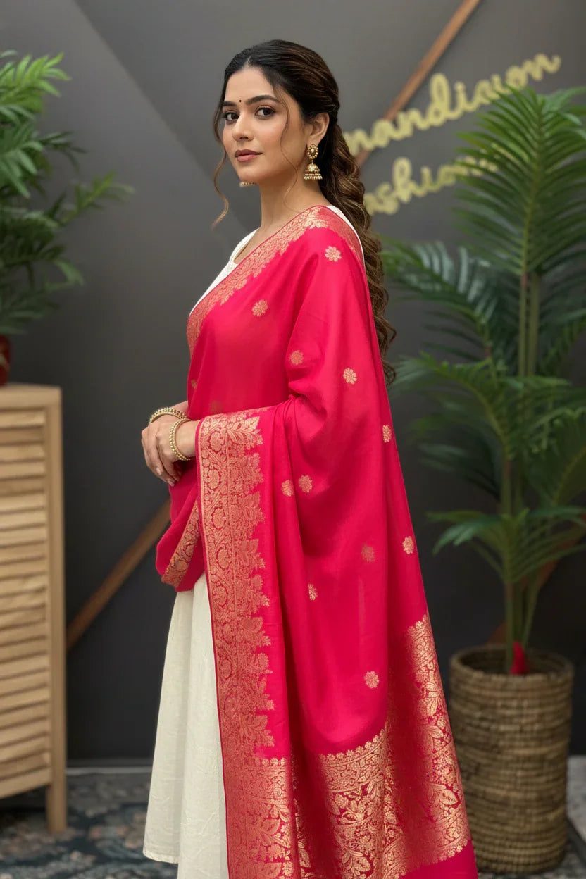 Woman wearing pink and gold Indian ethnic saree with white blouse, posing indoors at Anandi Fashions