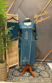 Plus size Pure Cotton Teal Blue kurti set