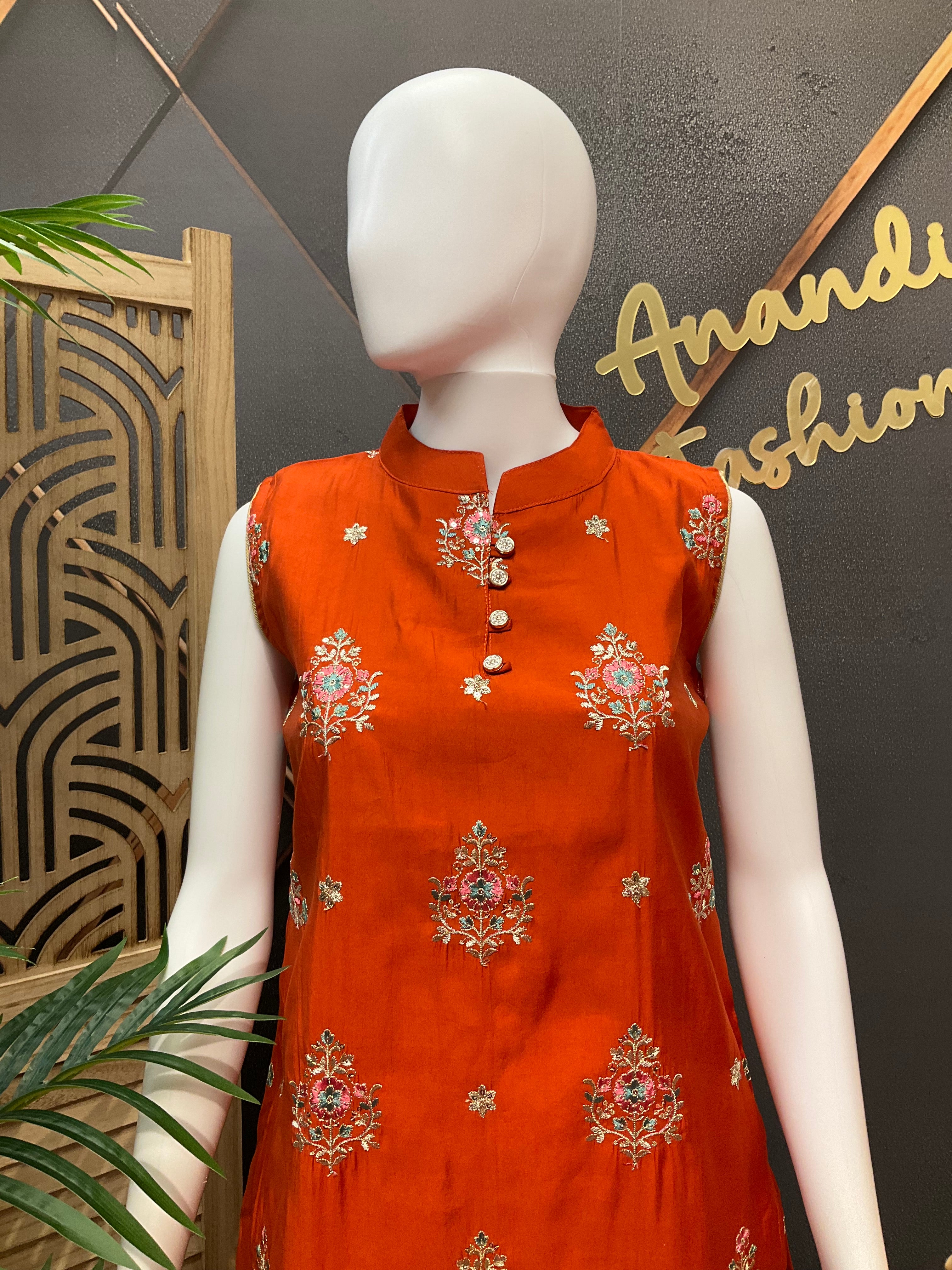 Orange - Sleeveless Silk Kurti set