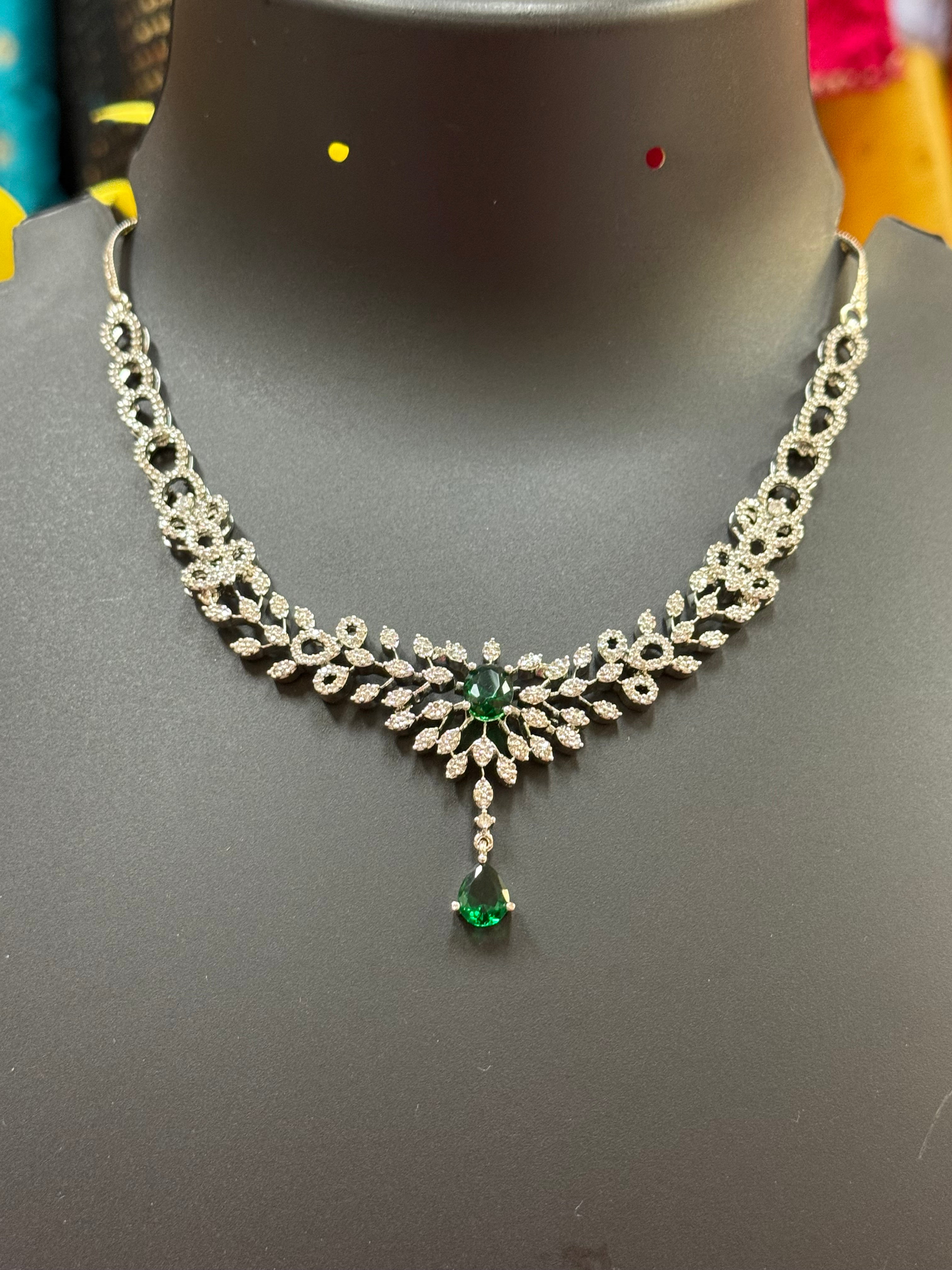 Silver Finish Necklace set with Emerald Stone