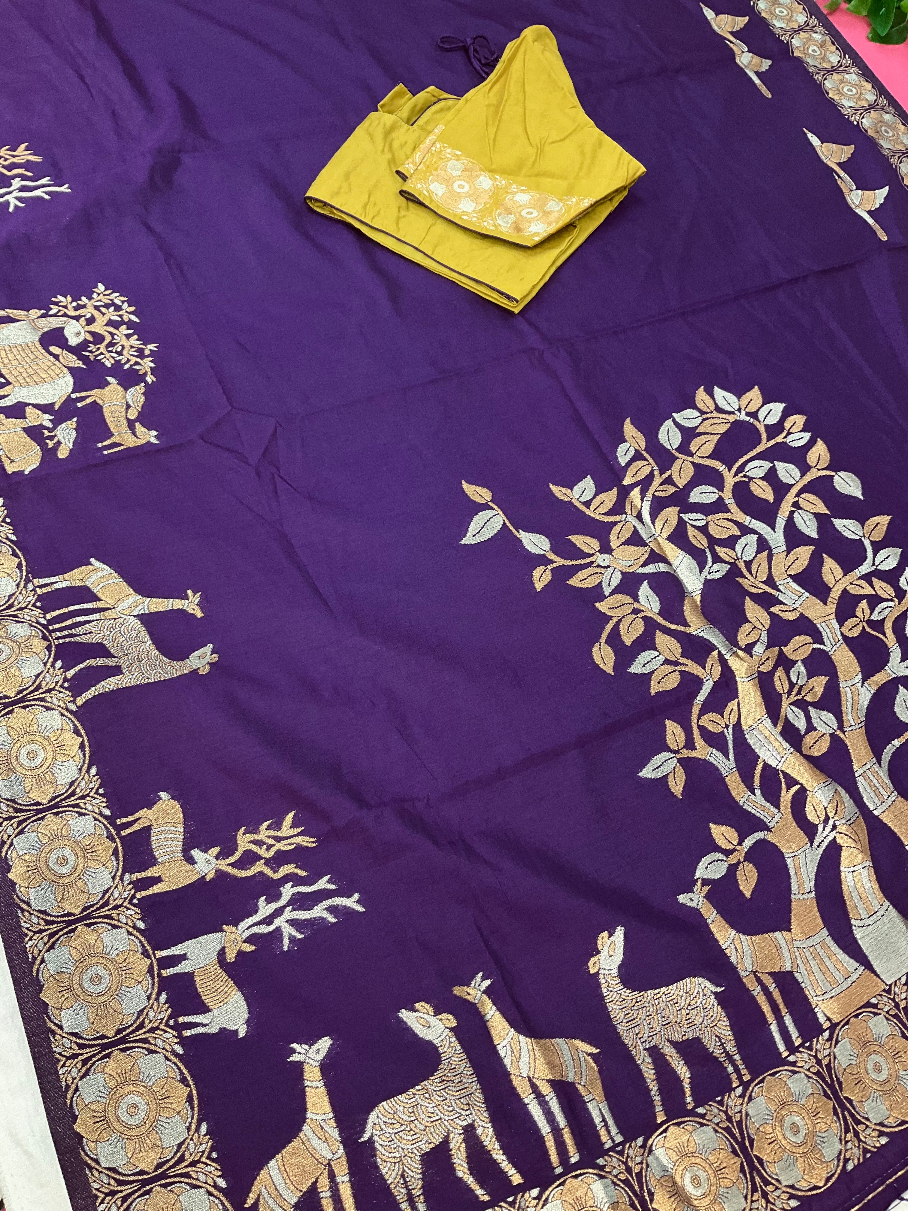 Semi Benarasi Saree with Contrast Stitched Blouse