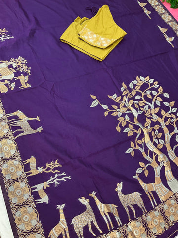 Semi Benarasi Saree with Contrast Stitched Blouse - Premium Quality