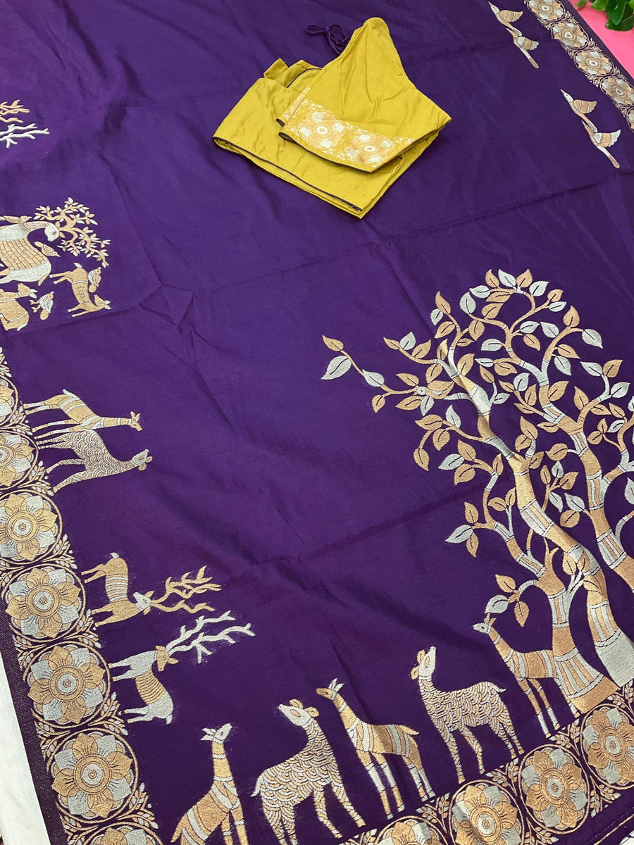 Semi Benarasi Saree with Contrast Stitched Blouse - Premium Quality