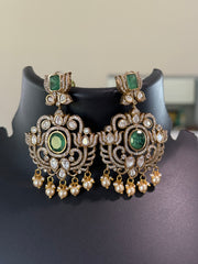Heavy Victorian Finish Kundan Necklace set with Mint Green Stones