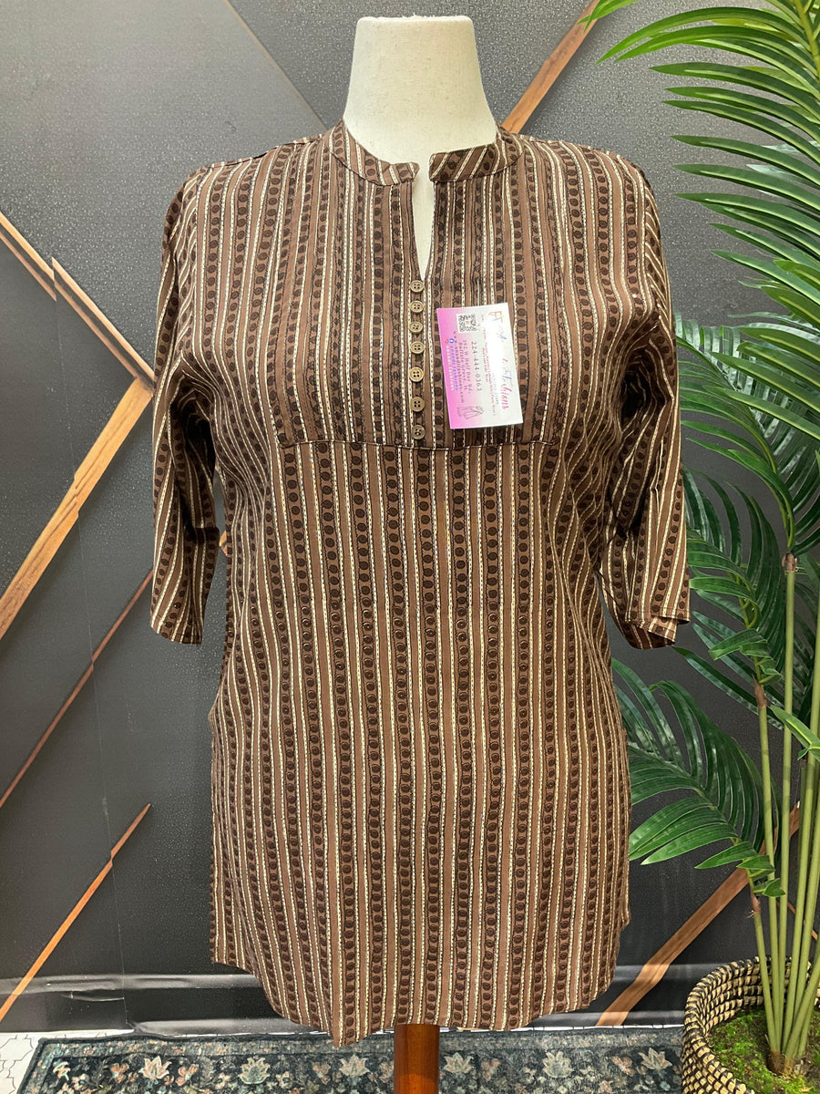 Plus Size Brown Pure Cotton Short Kurti - Casual Ethnic Wear