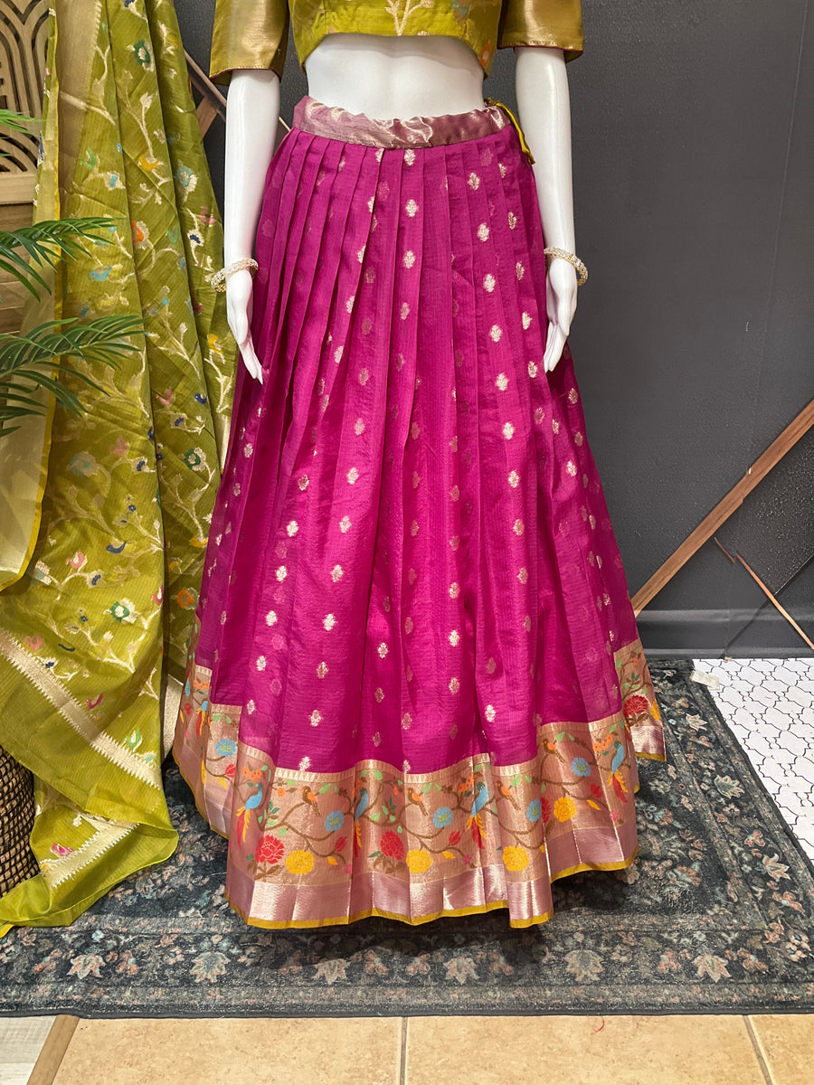 Pink & Green Silk Kota Half Saree set