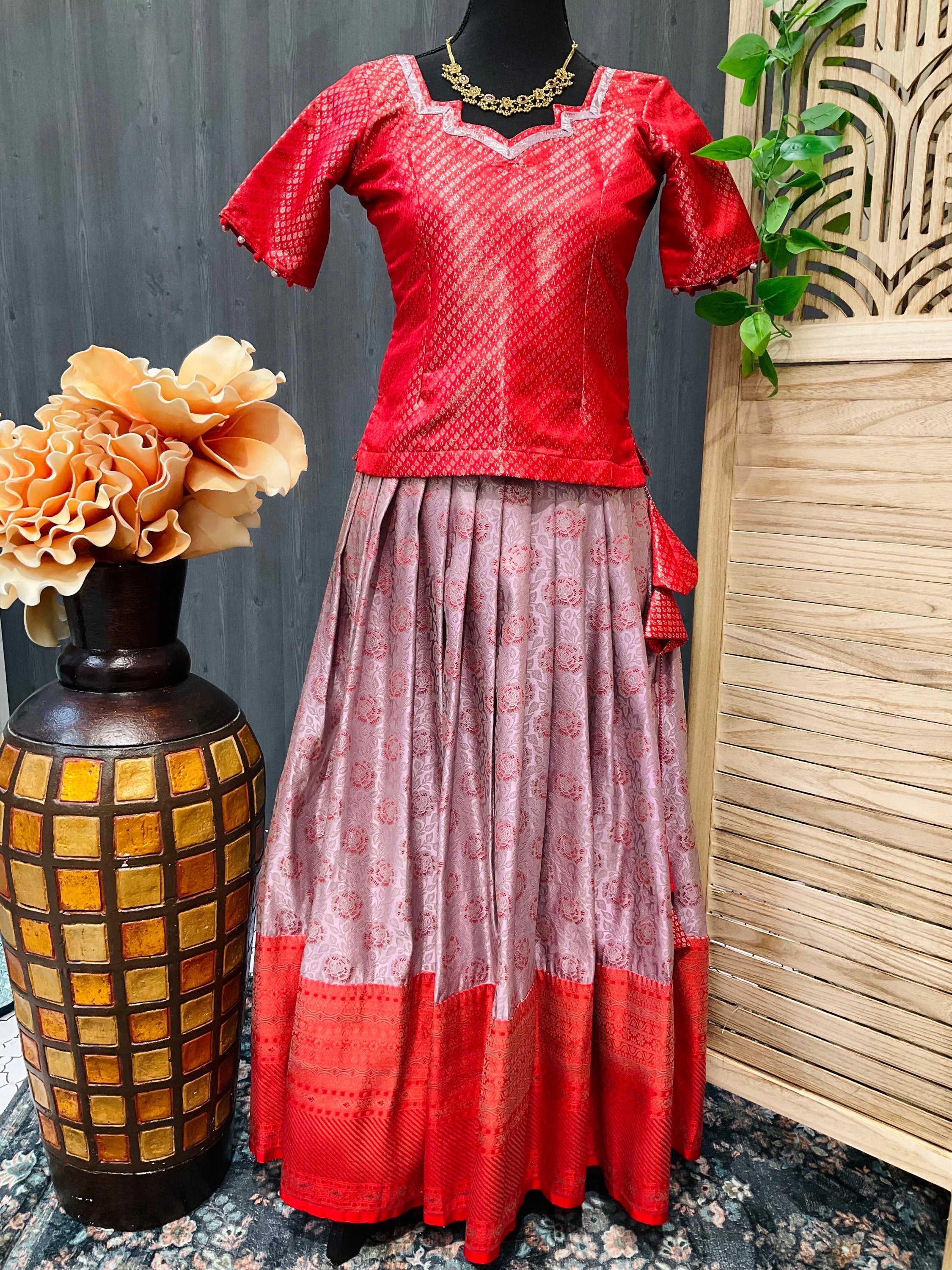 Red - Lavender color Benaras  Pattu Pavadai for Girls - Size 34/36 image 0