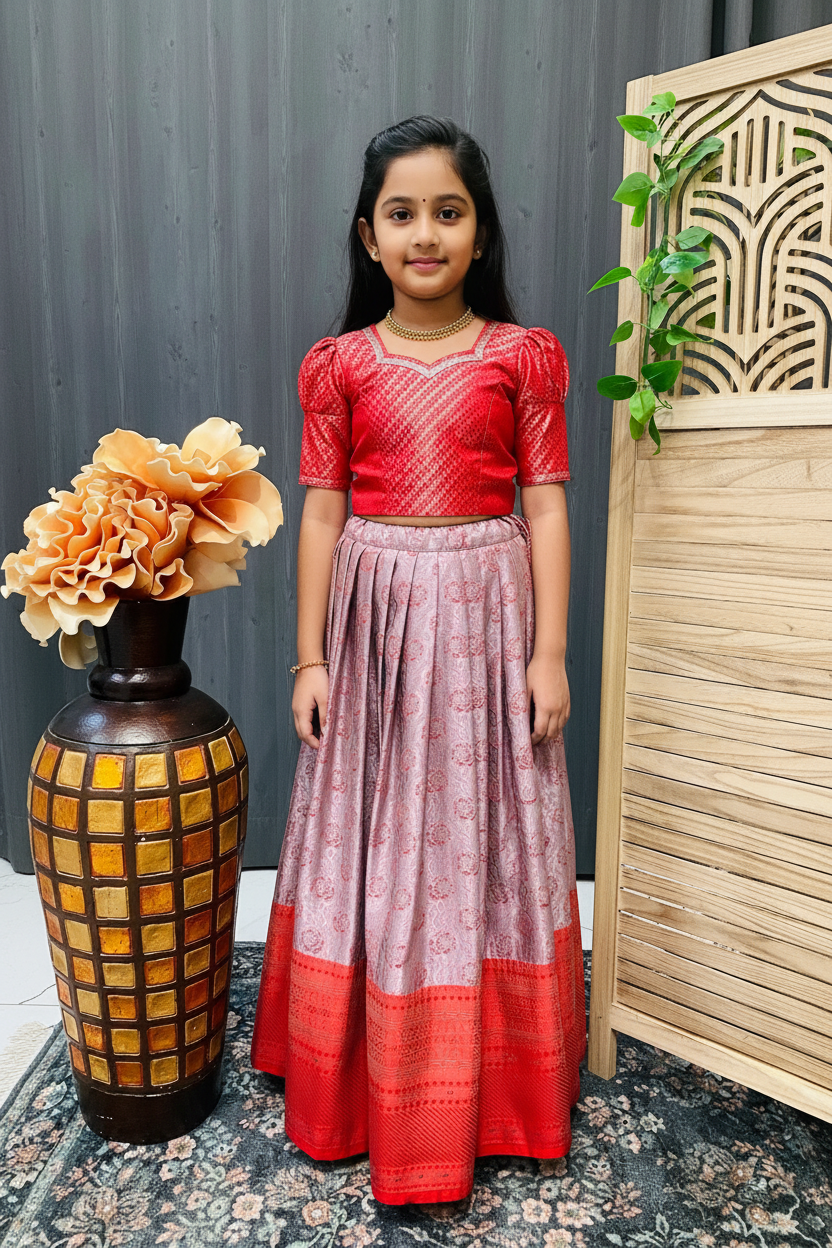 Girls Red & Lavender Benaras Pattu Pavadai Set