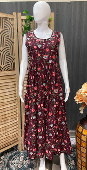 Wine Color Cotton Summer Frock/Kurti | Floral Print Women's Casual Wear