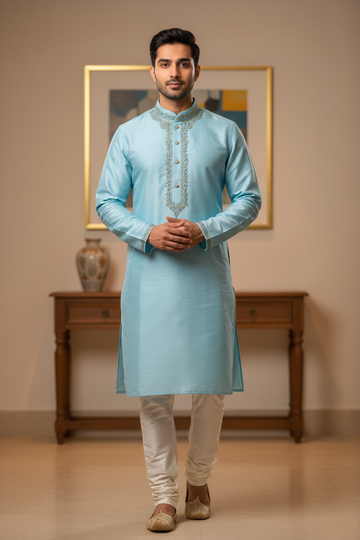 kurta pajama for men - Vibrant Colors Silk Mens Kurta with Embroidery