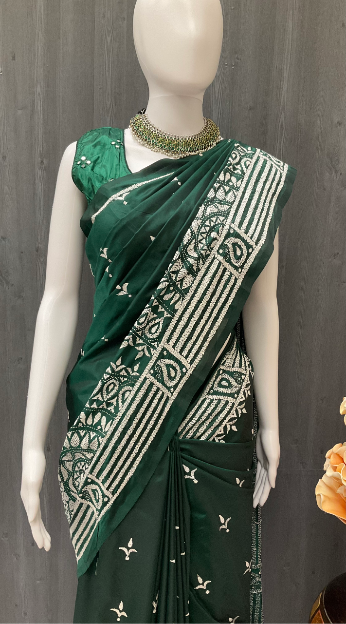 Indian Saree - Banglori Silk Bottle Green Kantha Work saree- Fall Pico Done image 0