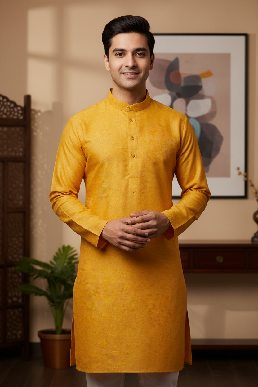 Men’s Elegant Yellow with Silk Kurta Set