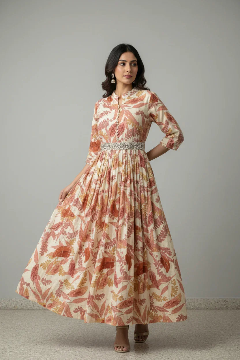 Woman wearing cream and rust floral print long ethnic dress with silver embellished belt and jhumka earrings