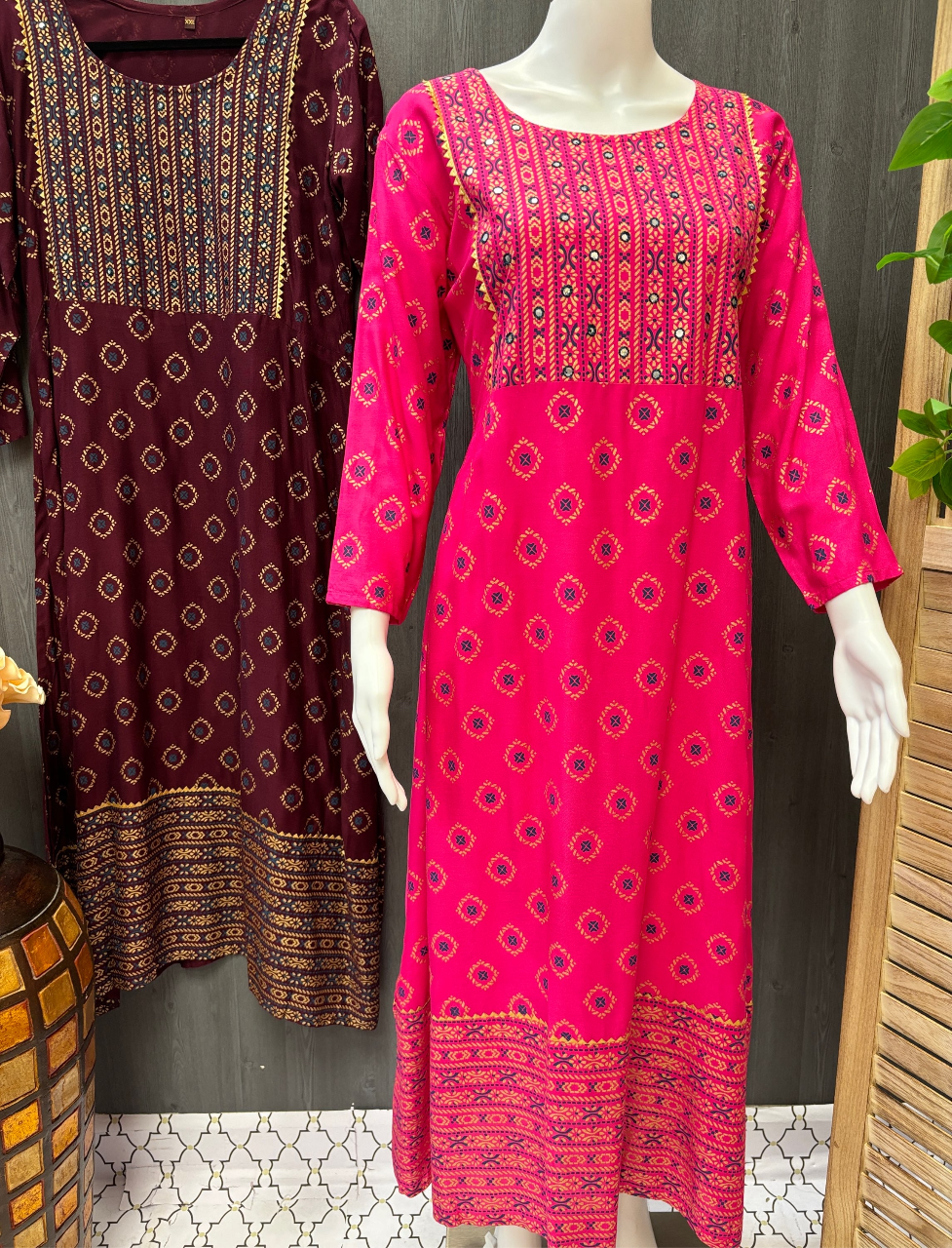 Long Rayon Anarkali Kurtis with Gold Print and Mirrors image 2