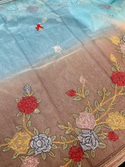 Blue organza saree shaded with Kantha thread work saree
