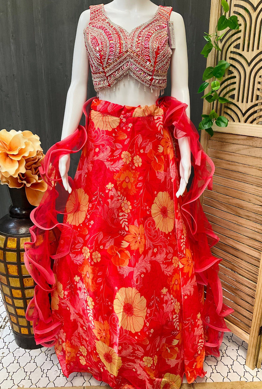 Size 42-Alia cut Style Blouse-Organza floral print lehenga set  image 0