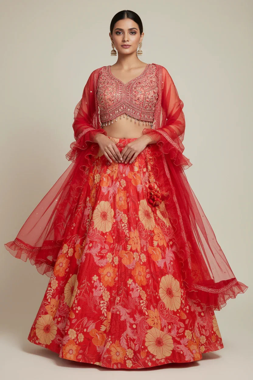 Woman wearing red embroidered Indian ethnic lehenga with floral patterns, embellished blouse, and sheer dupatta