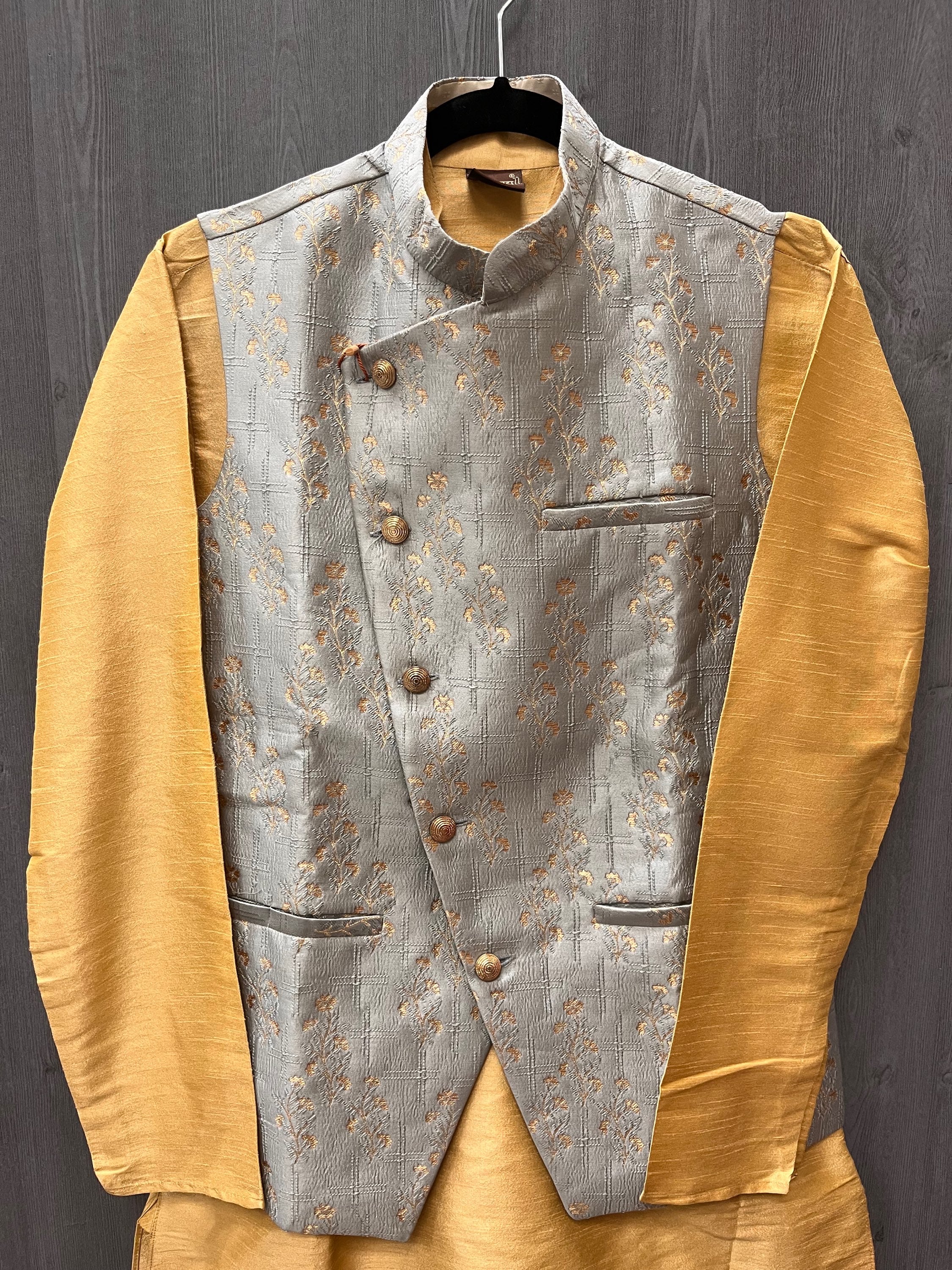 Kurta with Vest - Men's Yellow kurta Pajama set with vest image 2