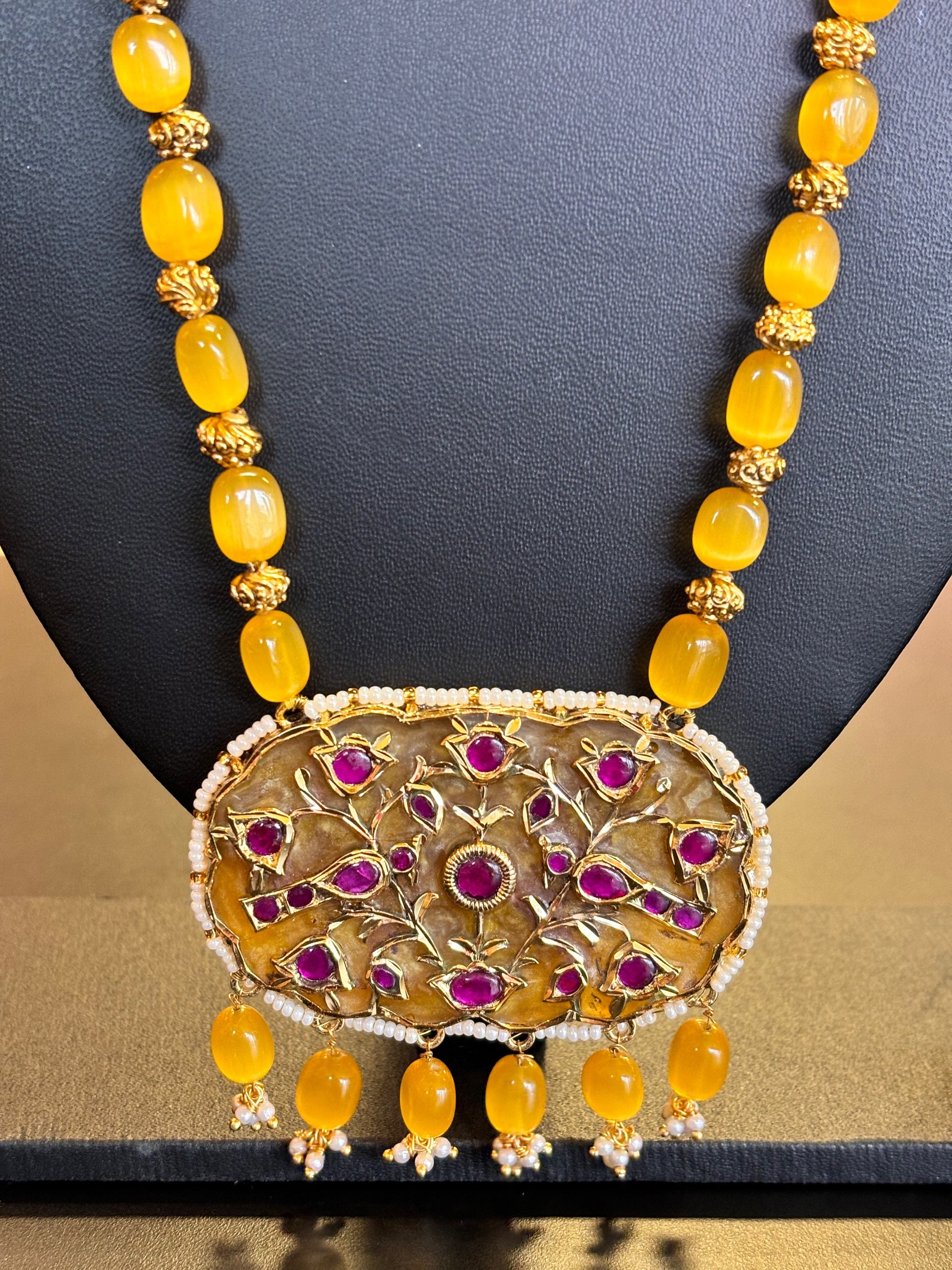 Monalisa Beads Mala - Yellow Monalisa Beads long necklace set with Pendant image 1