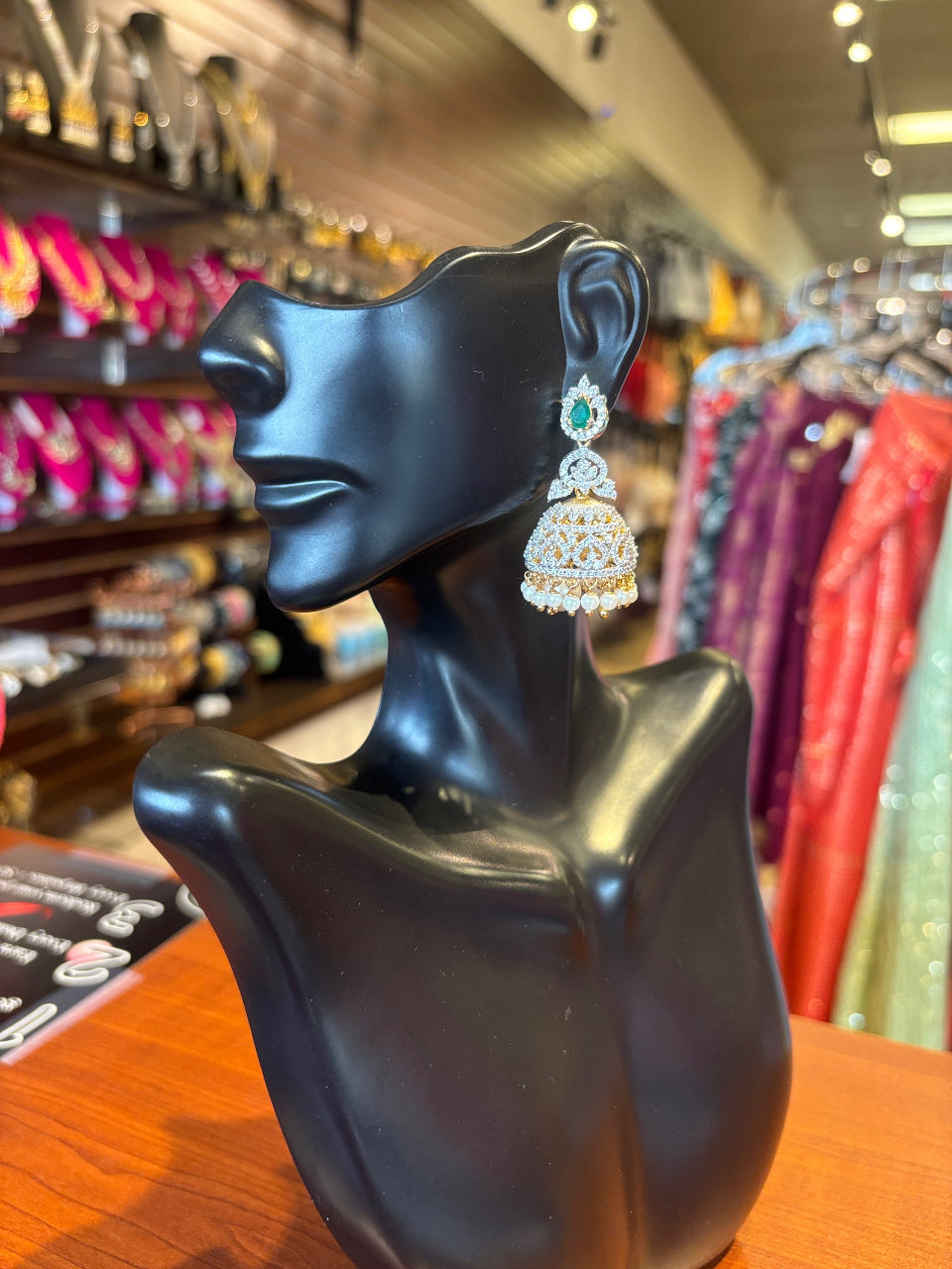 Jhumka Earrings - Premium Quality Emerald Stone CZ Earrings image 0