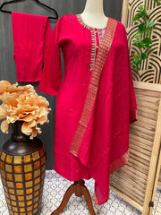 Plus Size Hot Pink Party Wear Kurti Set - Roman Silk 3-Piece