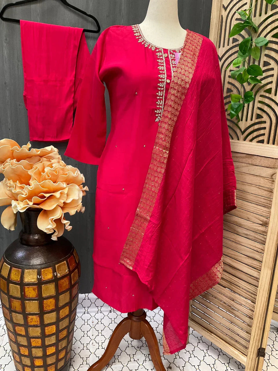 Plus Size Hot Pink Party Wear Kurti Set - Roman Silk 3-Piece