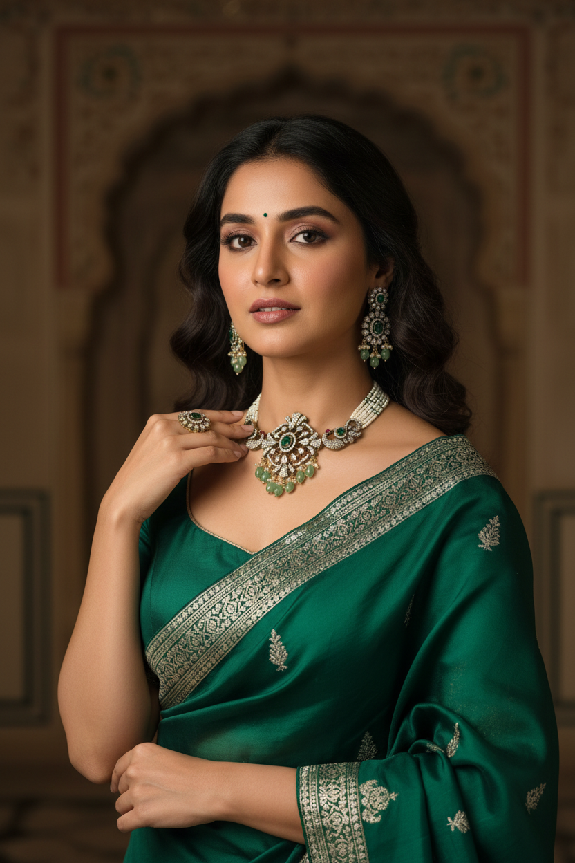 Woman in emerald green silk saree with gold embroidery wearing traditional Indian jewelry including necklace, earrings, and ring