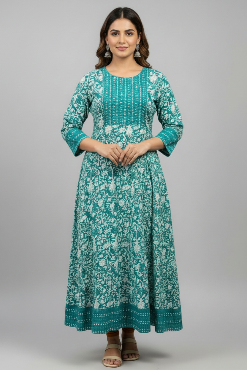 Plus Size Pure Cotton Floral Print Anarkali Kurti