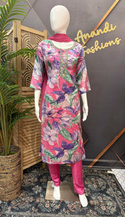 Fancy Floral Print Kurti Set - Hand Embroidery Party Wear