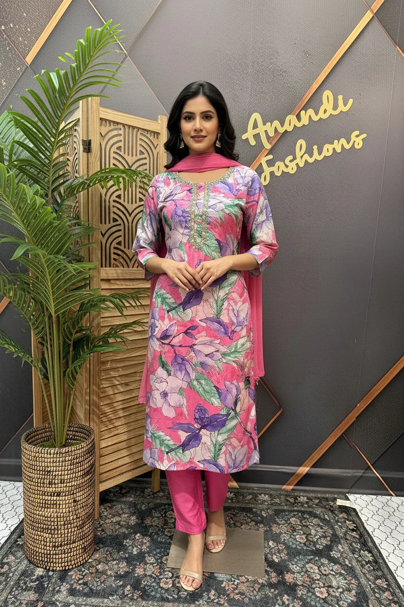 Fancy Floral Print Kurti Set - Hand Embroidery Party Wear