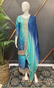 Blue Bandhini Party Wear Palazzo Set - Chinon Material