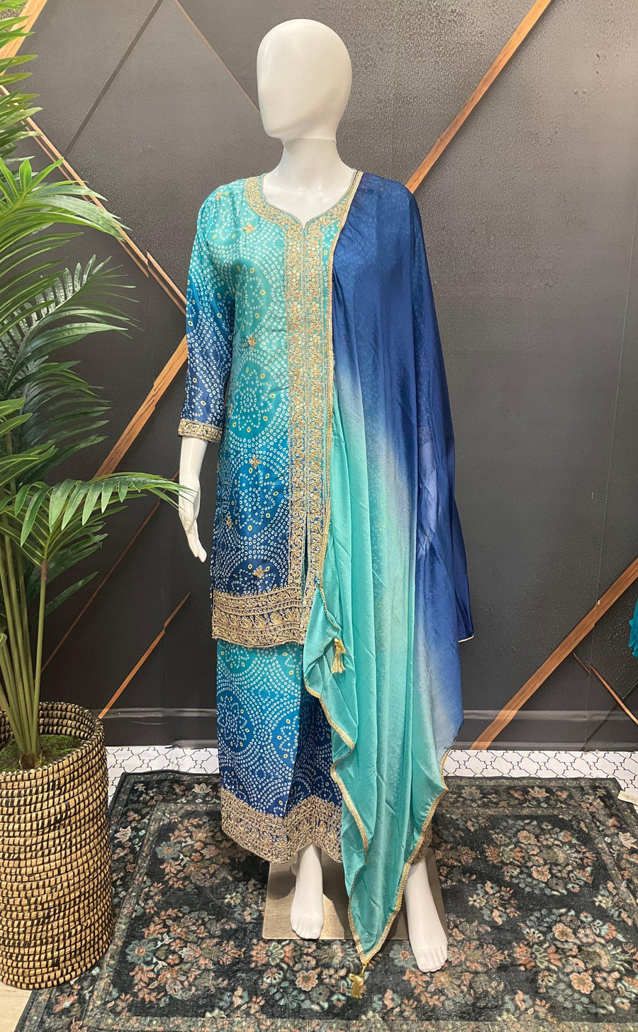Blue Bandhini Party Wear Palazzo Set - Chinon Material