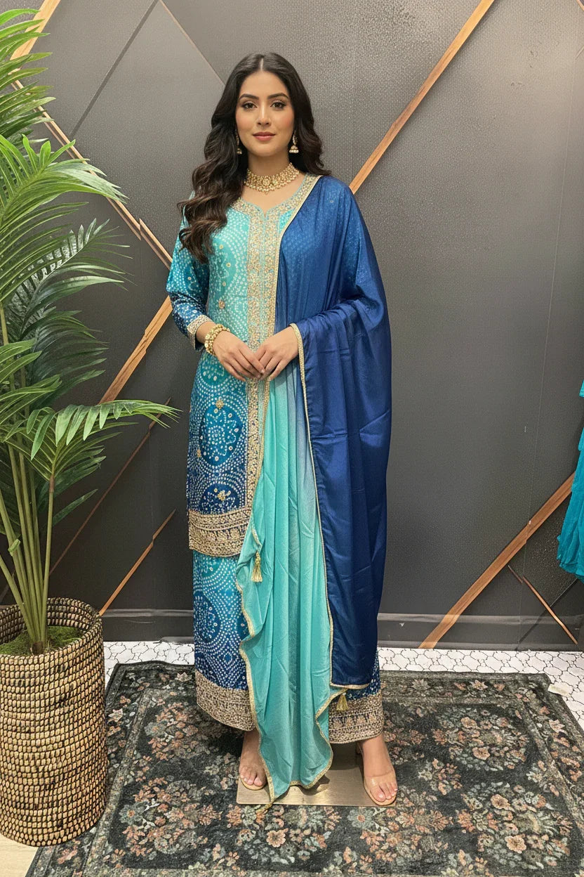 Woman wearing aqua and blue embellished Indian ethnic suit with matching dupatta, posing indoors on floral rug