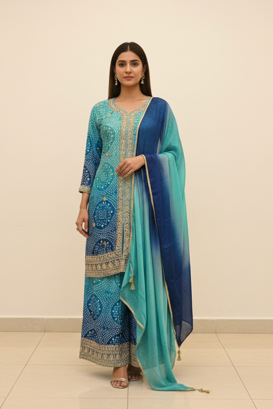 Blue Bandhini Party Wear Palazzo Set - Chinon Material