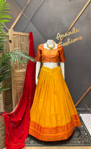 Teenage Girls Yellow & Red Semi Paithani Half saree/Lehenga set