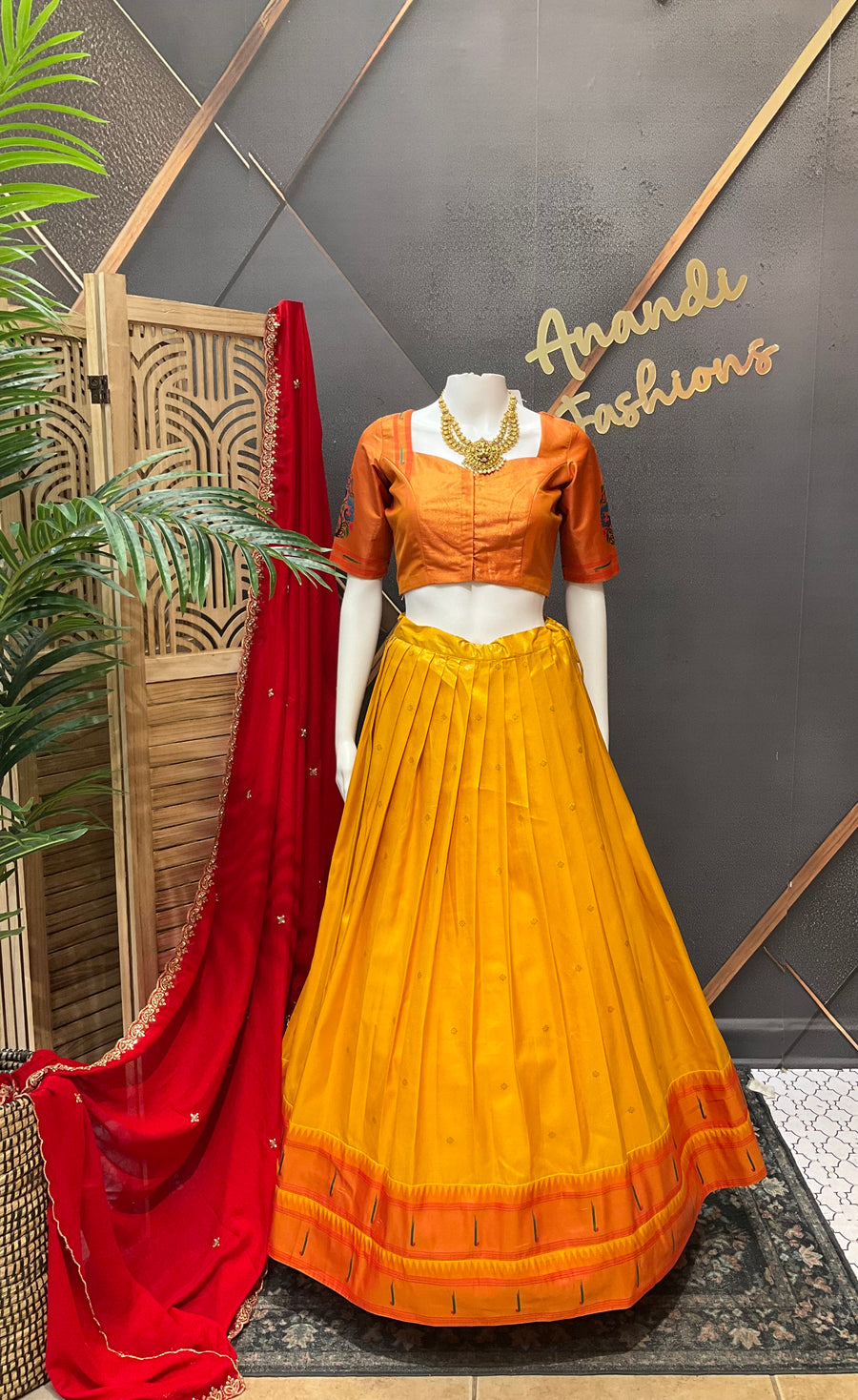 Teenage Girls Yellow & Red Semi Paithani Half saree/Lehenga set