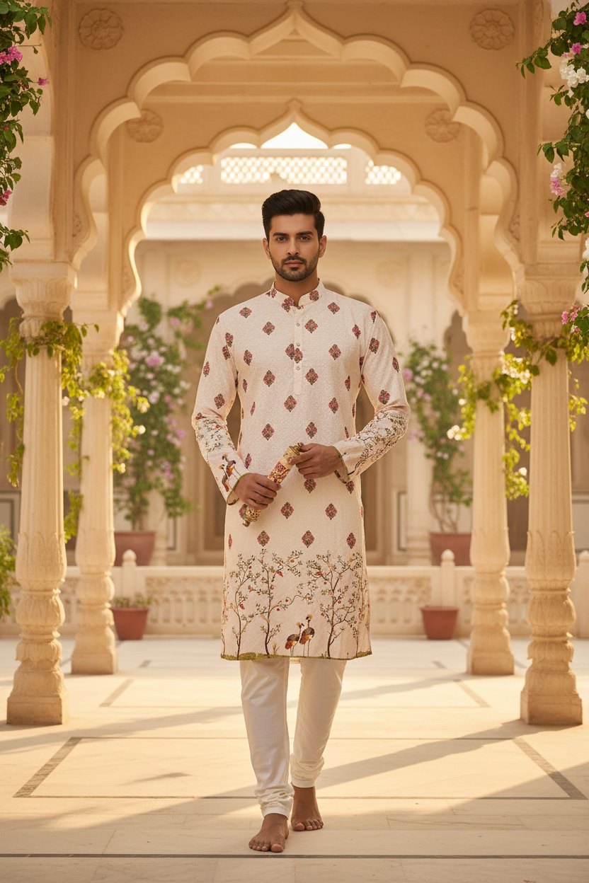 Digital print Embroidery Work  Mens kurta set