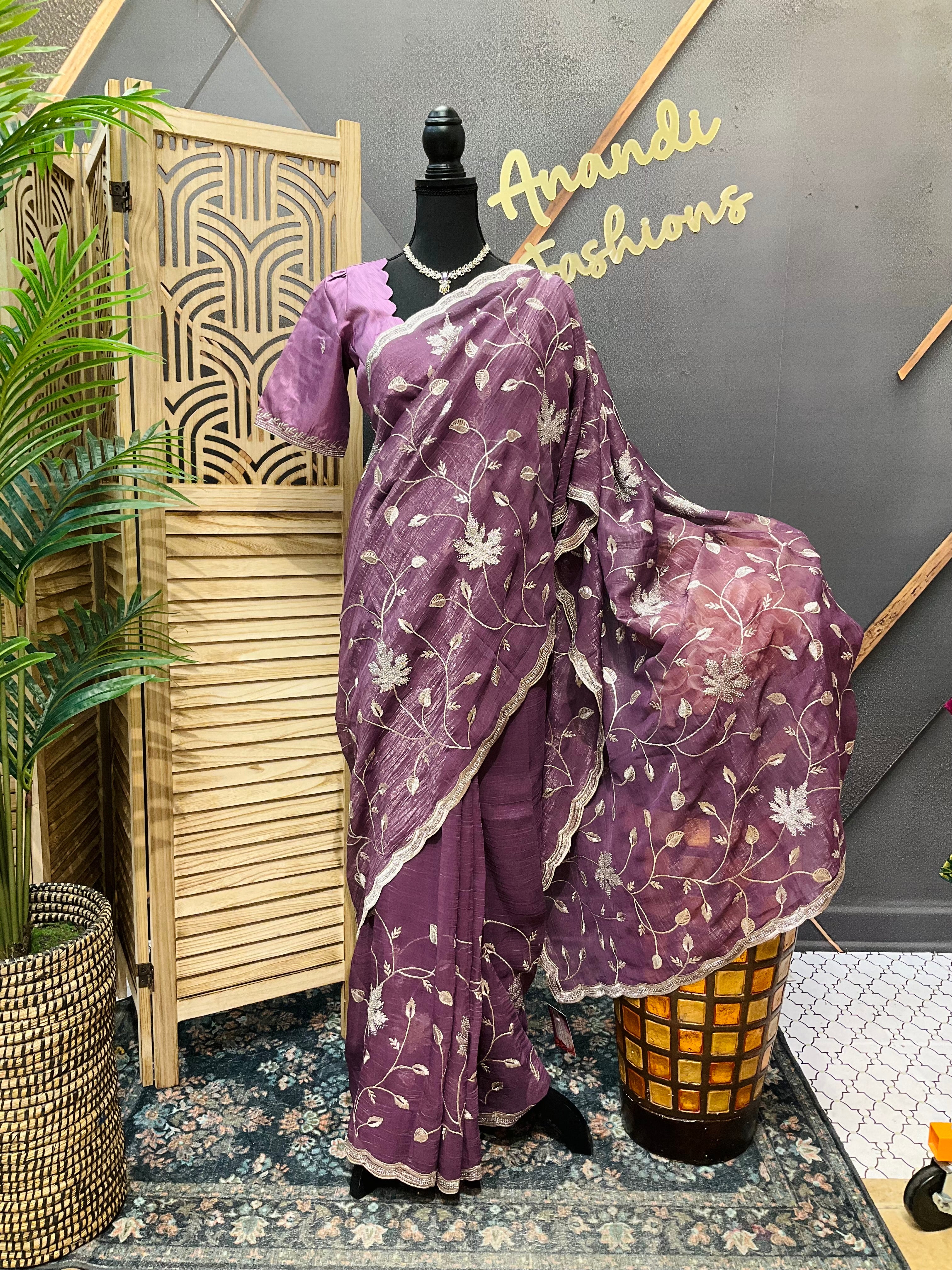 Cocktail Party wear light purple saree with Stitched blouse- fall pico done