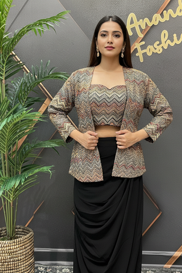 Indo Western Georgette Skirt Set with Embroidered Jacket - Party Wear