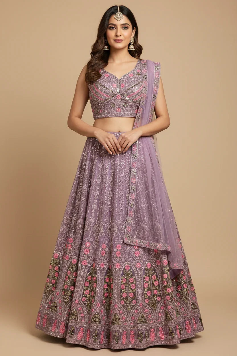 Woman wearing lavender pink heavily embroidered Indian lehenga with floral designs, paired with matching dupatta and traditional jewelry