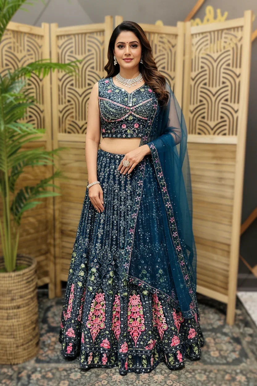 Woman wearing navy blue embroidered Indian lehenga with floral patterns and sheer dupatta in boutique