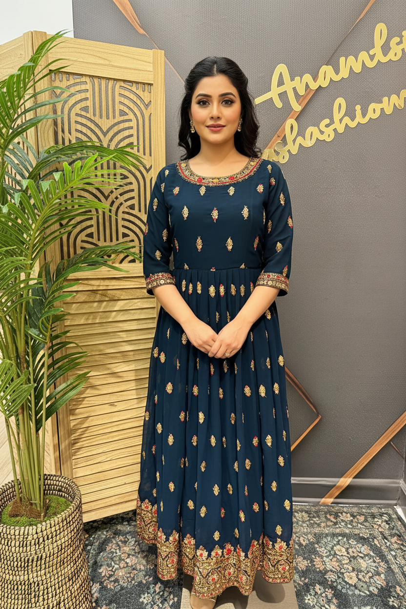 Navy Blue - Teenage Girls - Georgette Long Party Wear Dress